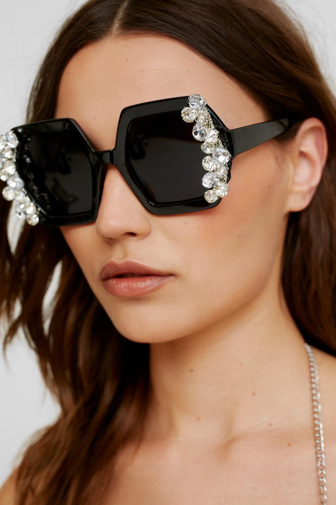Black Oversized Colored Lens Diamante Embellished Trim Sunglasses image number 1