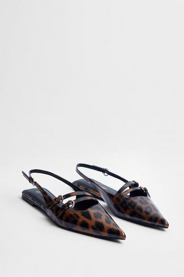 Faux Leather Leopard Print Double Strap Sling Back Court Ballerina Flats brown