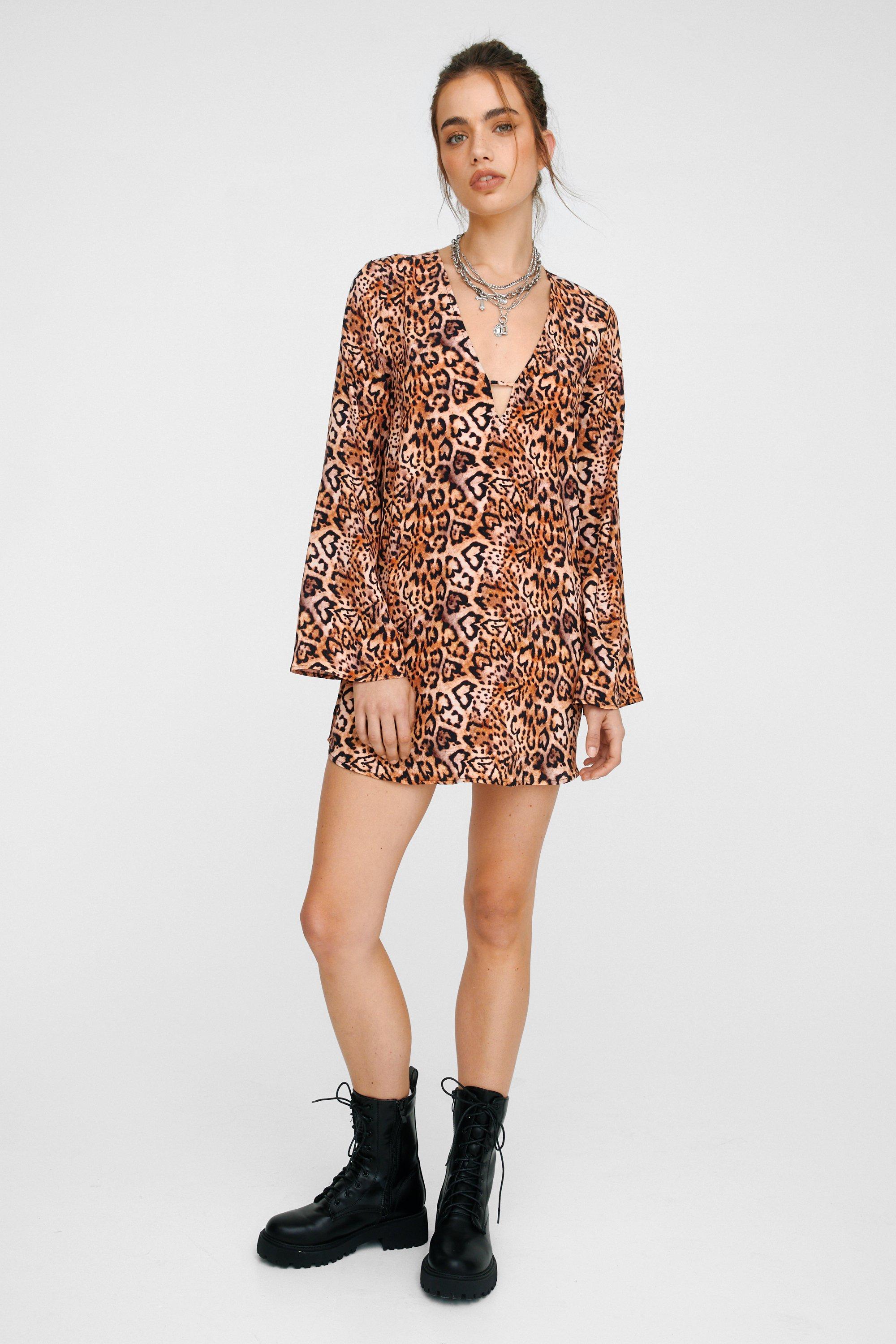 Heart Leopard Print Plunge Smock Dress