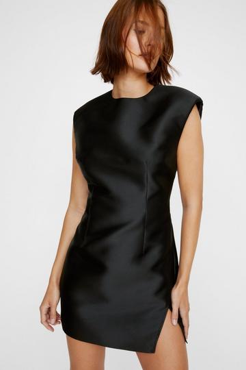 Black Structured Satin Shoulder Pad Side Split Dress