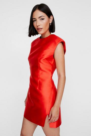 Red Structured Satin Shoulder Pad Side Split Dress