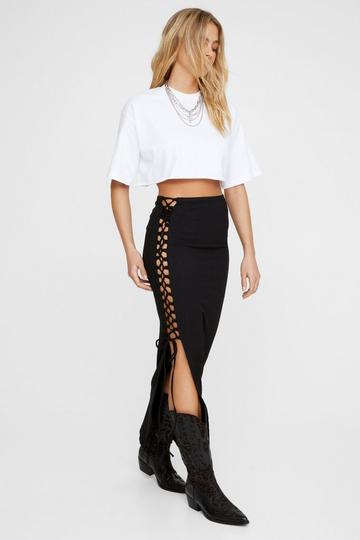 Black Textured Lace Up Maxi Skirt