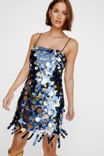 Blue Mixed Disc Tassel Hem Mini Dress