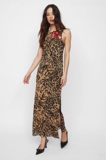 Leopard Mesh Cut Out Maxi Dress leopard
