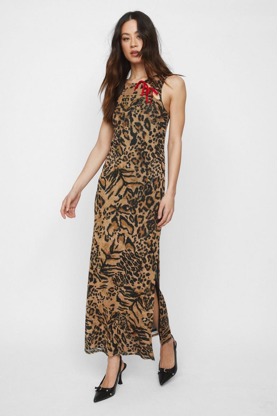 Leopard Mesh Cut Out Maxi Dress