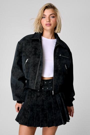 Distressed Faux Leather Bomber Jacket black