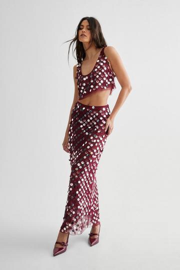 Mesh Embellished Sheer Maxi Skirt wine