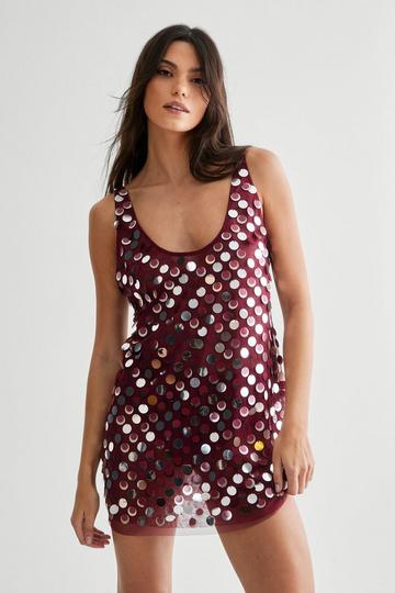 Mesh Embellished Sheer Mini Scoop Neck Dress wine