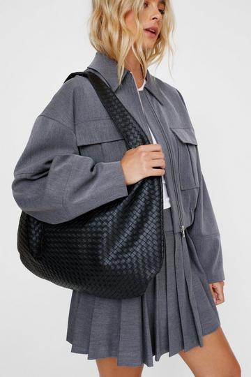 Faux Leather Woven Day Bag black