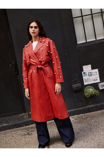 Limited Studded Real Leather Trench Coat red