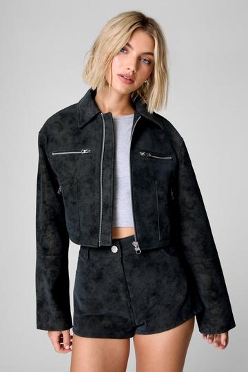 Black Distressed Faux Leather Trucker Jacket