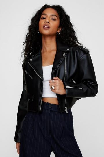 Essentials Cropped Faux Leather Boxy Biker black