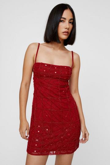 Red Placement Beaded Strappy Slip Mini Dress