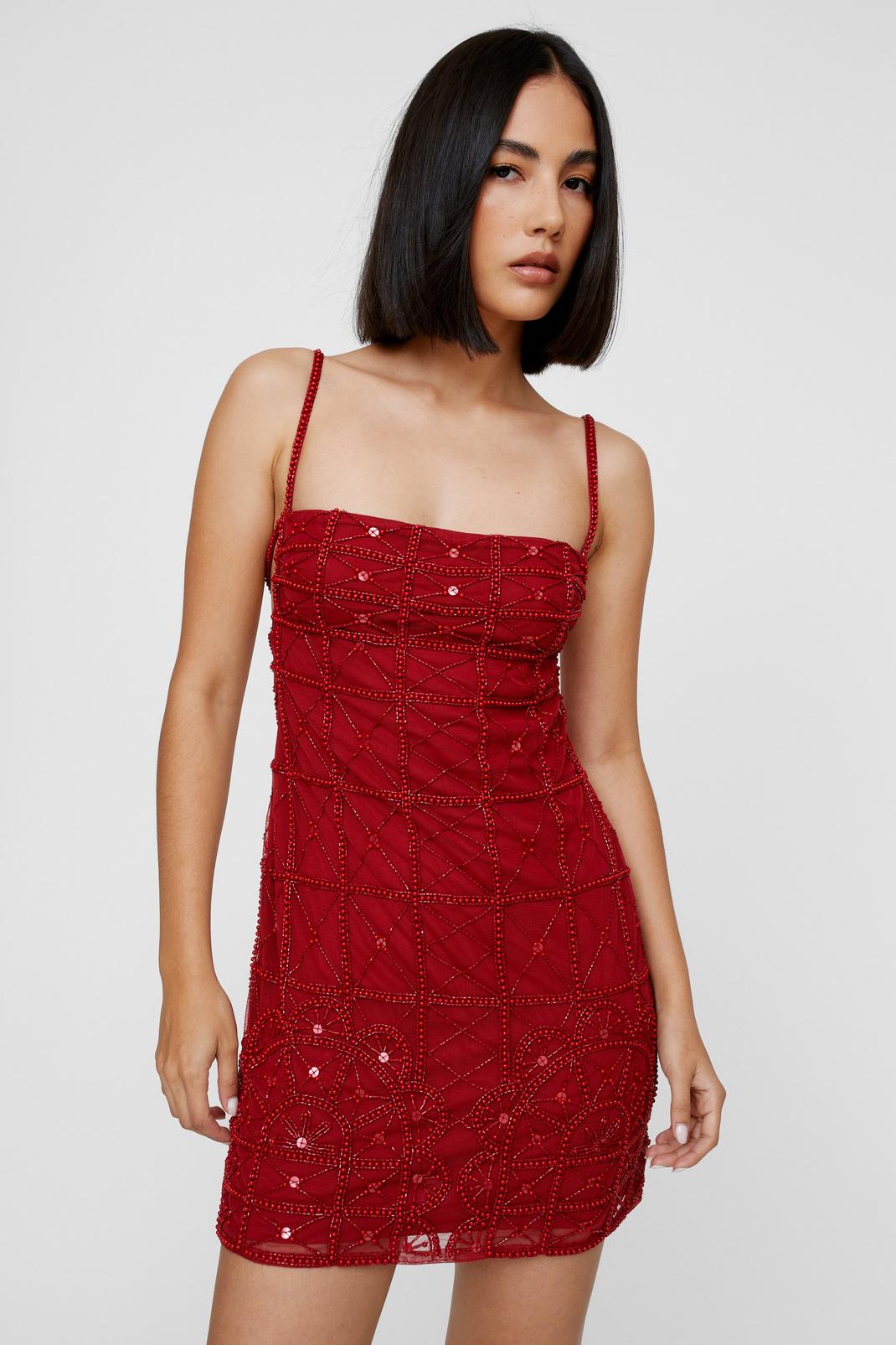 Placement Beaded Strappy Slip Mini Dress, Red image number 1