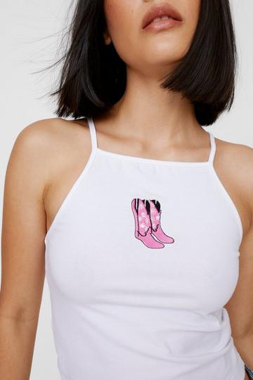 Embroidered Western Boot Strappy Tank white