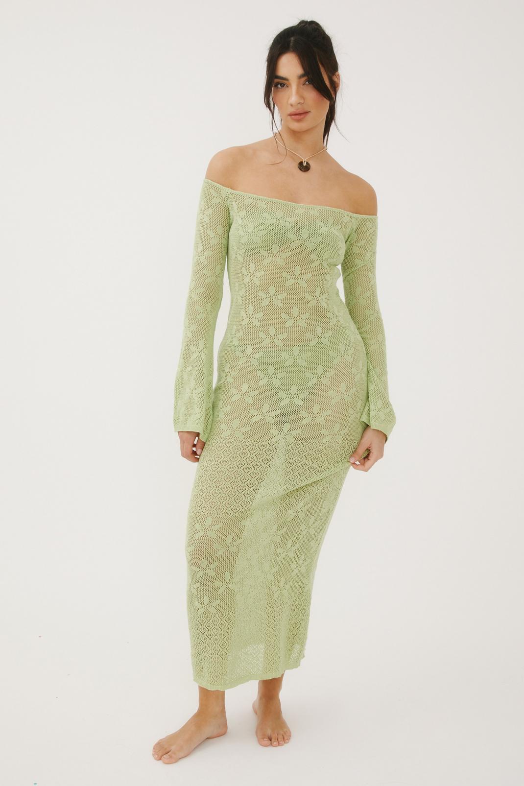 Chartreuse Floral Crochet Off The Shoulder Maxi Beach Dress image number 1