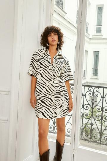 Denim Zebra Print Shirt Dress mono