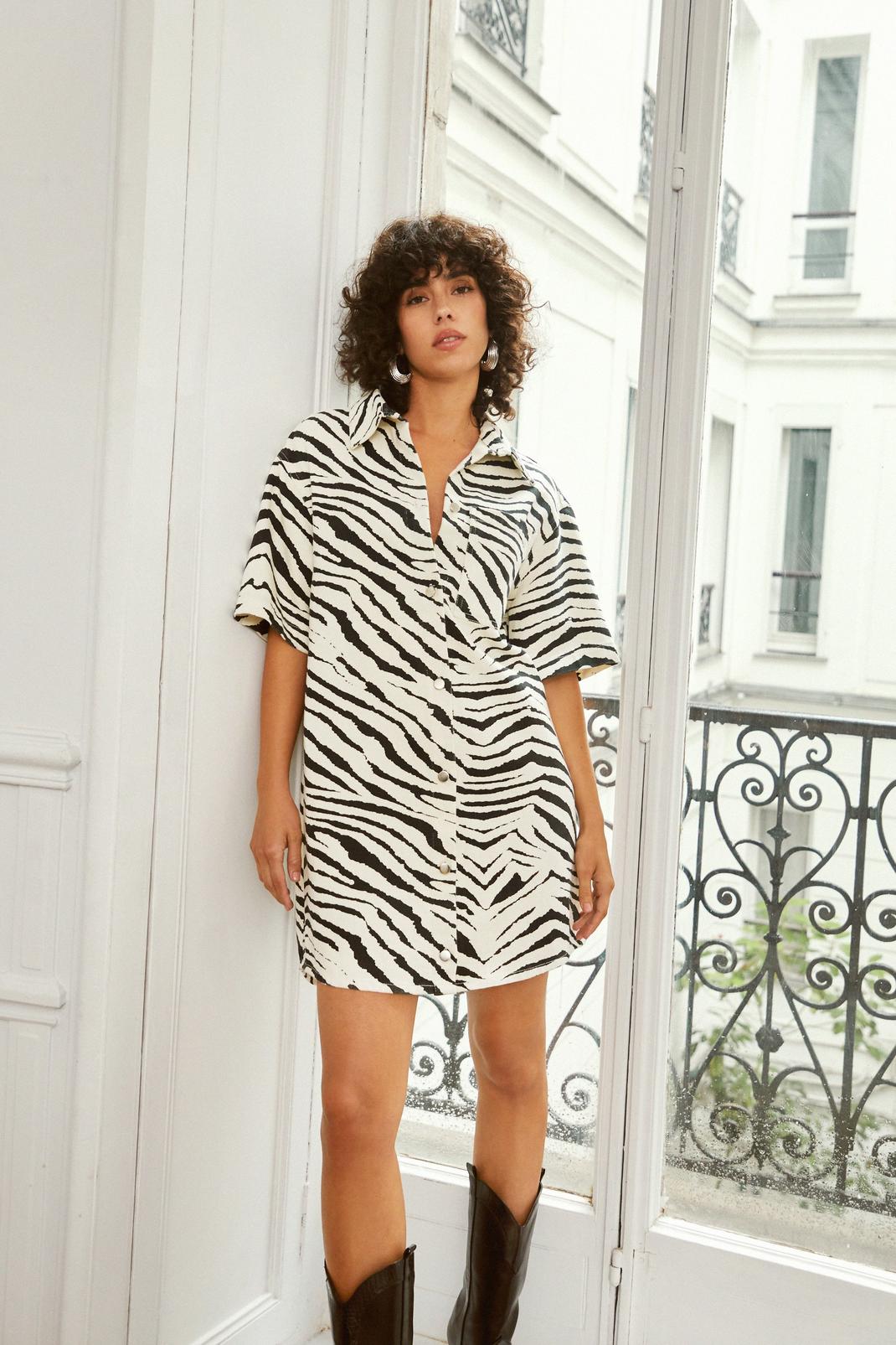 Denim Zebra Print Shirt Dress, Mono image number 1