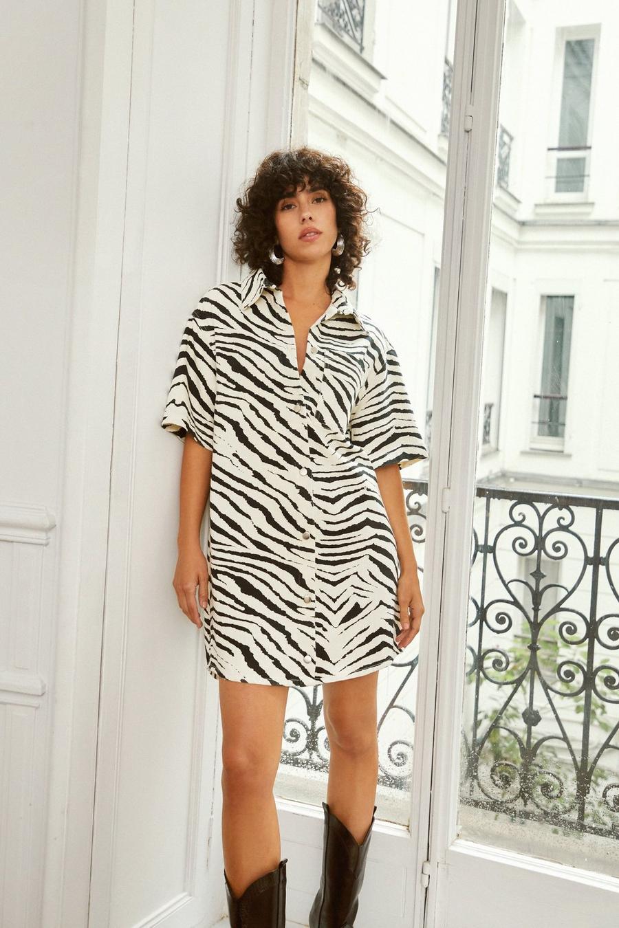 Denim Zebra Print Shirt Dress