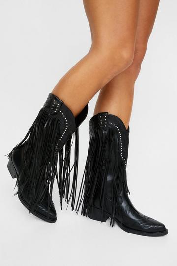 Faux Leather Tassel Studded Western Boots black