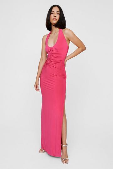 Plunge Ruched Halter Maxi Dress hot pink