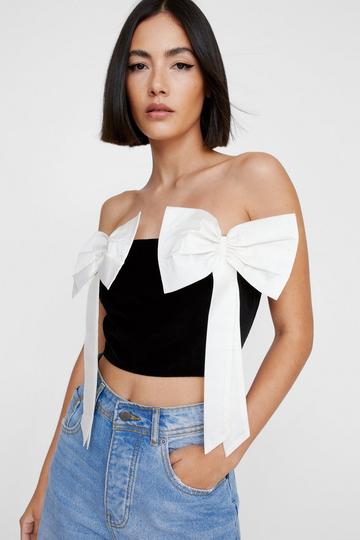 Contrast Bow Detail Velvet Top black