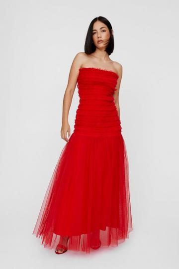 Red Tiered Tulle Bandeau Midi Dress