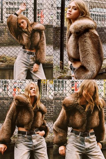 Premium Tipped Natural Faux Fur Bomber brown