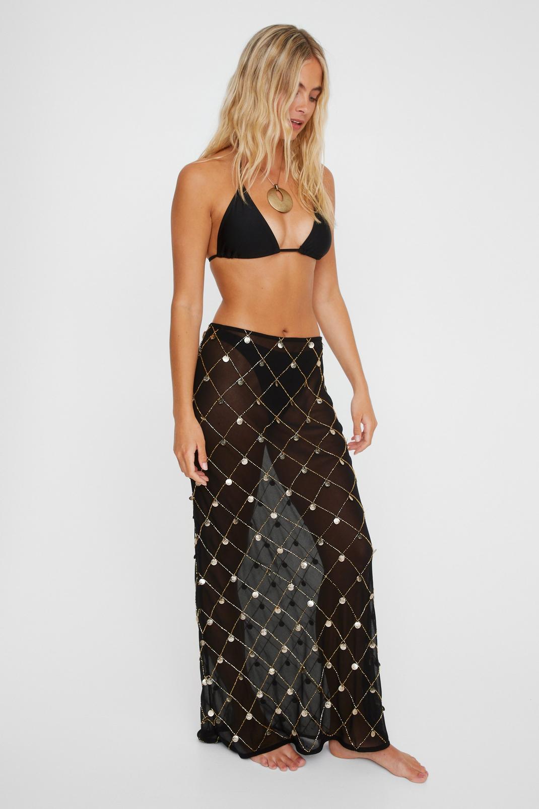 Black Coin Hand Beaded Maxi Skirt image number 1