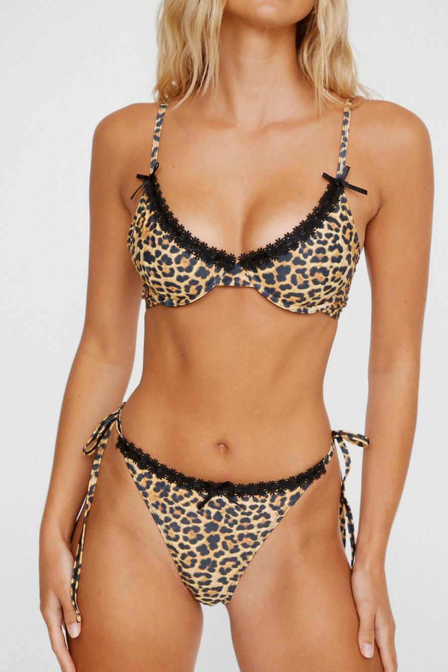 Leopard Ribbon Contrast Bow Underwire Bikini Set