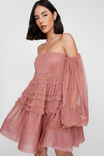 Tulle Bandeau Ruffle Skater Mini Dress dusty rose