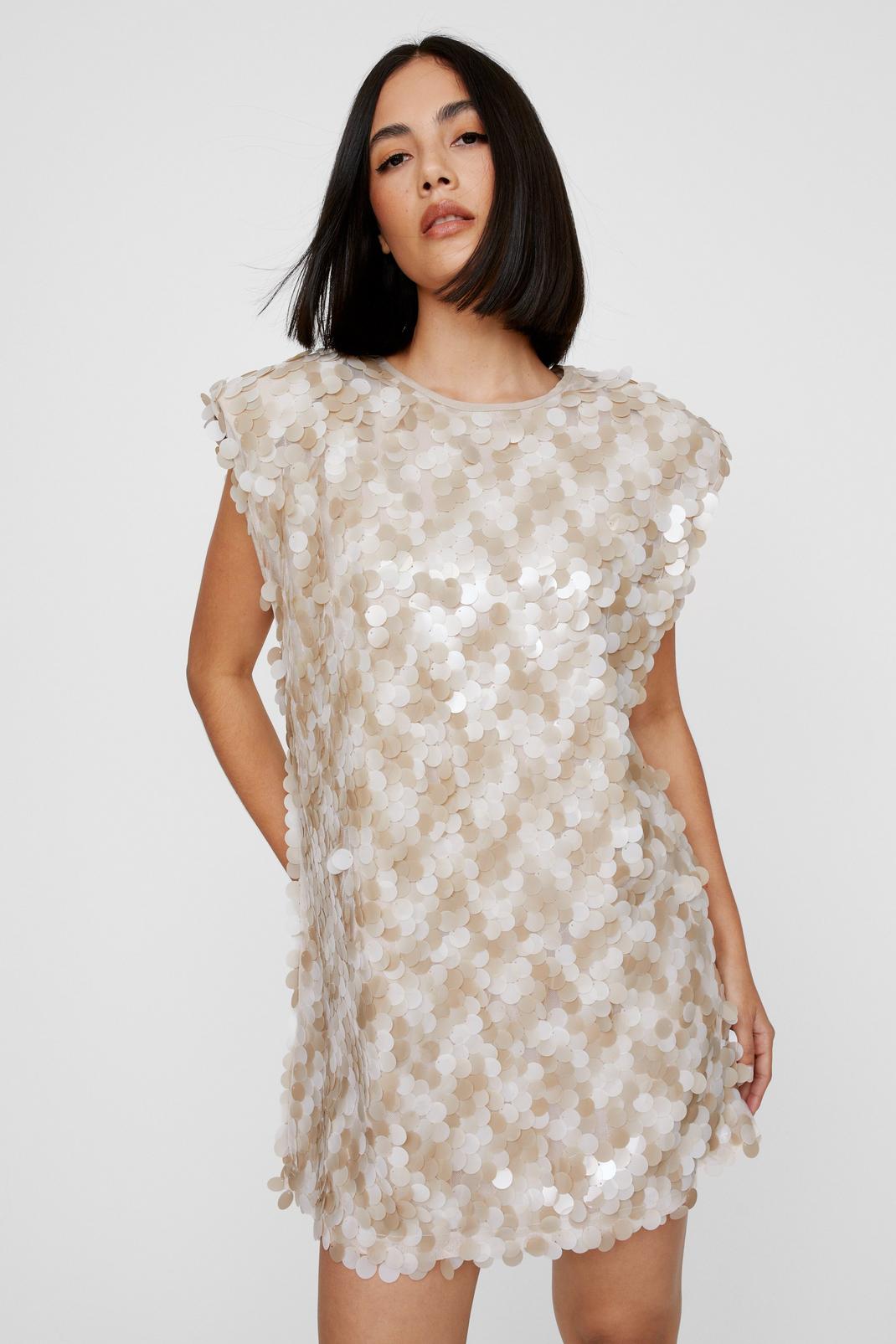 Champagne Shoulder Pad Sequin Column Mini Dress image number 1
