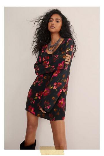 Blurred Floral Scoop Neck Tunic Mini Dress black