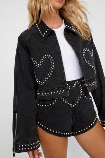 Black Heart Studded Cropped Denim Jacket