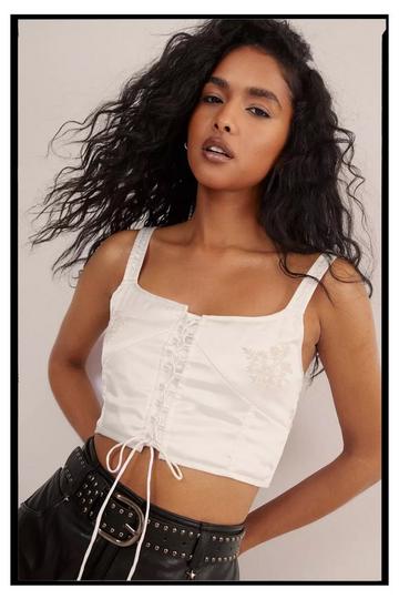 Satin Embroidered Lace Up Corset cream