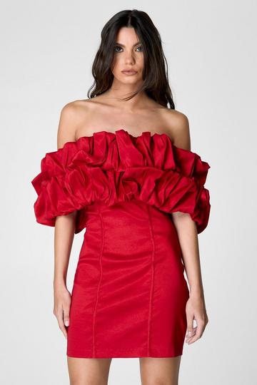 Red Taffeta Ruched Bardot Mini Dress