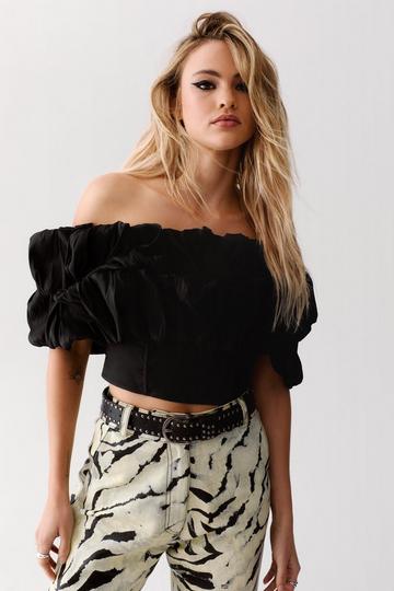 Black Taffeta Ruched Bardot Top