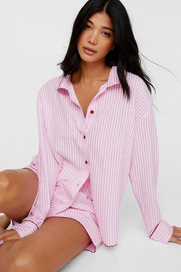 Seersucker Stripe Contrast Piped Pajama Short Set pink