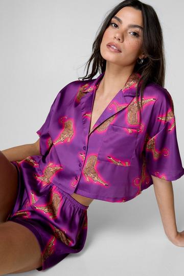 Satin Ombre Leopard Boxy Pajama Shirt And Short Set purple