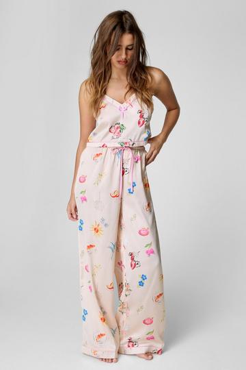 Satin Conversational Print Cami And Pants Pajama Set ecru