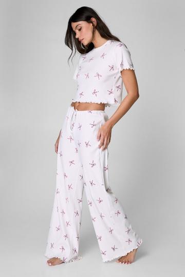 Cotton Bow Rib Lettuce Edge Pajama Pants ecru