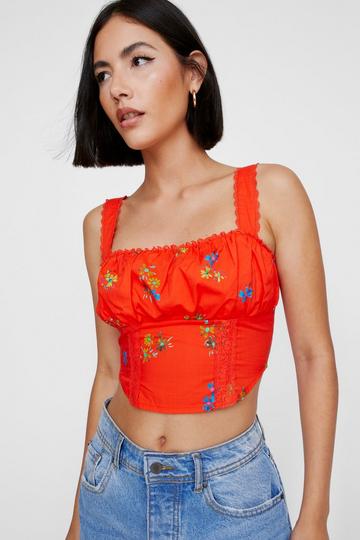 Floral Lace Trim Corset Top red