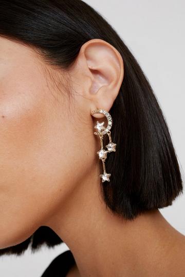 Gold Metallic Diamante Star And Moon Drop Earrings