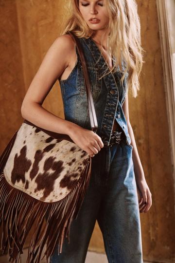 Cow Hide & Suede Fringe Crossbody Bag brown