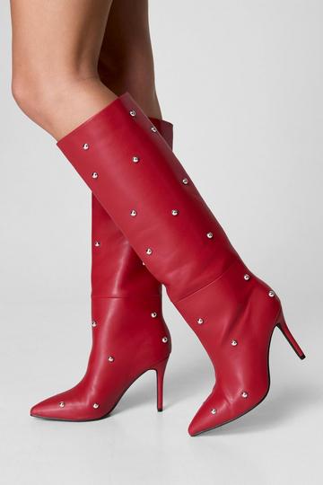 Faux Leather Dome Stud Knee High Boots red