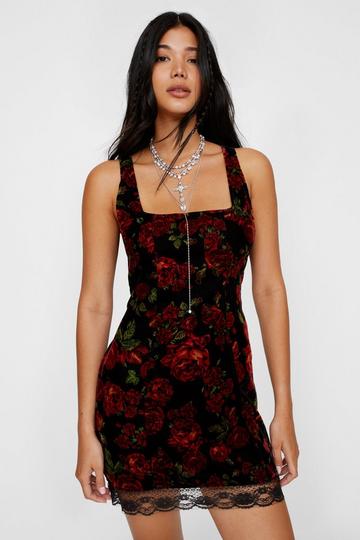 Black Velvet Rose Lace Trim Mini Dress