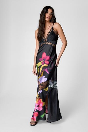 Satin Floral Lace Insert Maxi Dress black