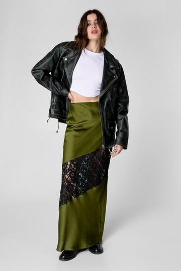 Satin Lace Trim Maxi Skirt olive