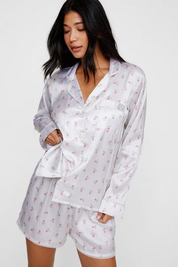 Satin Ditsy Floral Pajama Short Set ivory