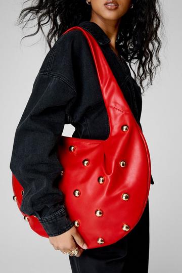 Red Faux Leather Dome Stud Slouchy Day Bag